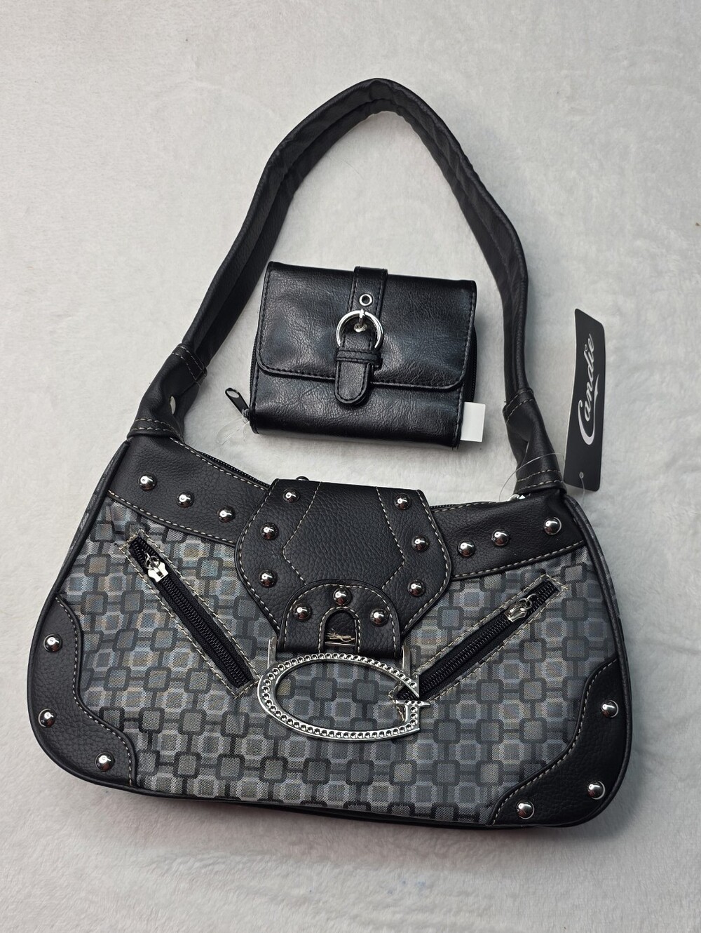 Candie's Black Patterned Shoulder G Bag with Matching Wallet
